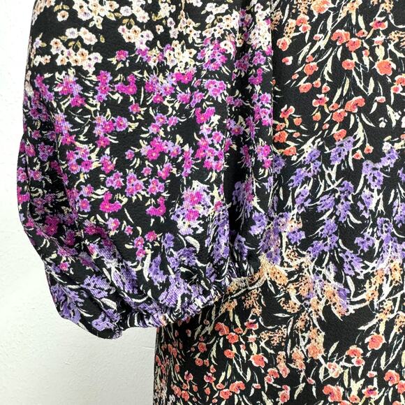 MSK | Black & Purple Micro Floral Print Long Sleeve V-neck Mini Shift Dress - Picture 6 of 9